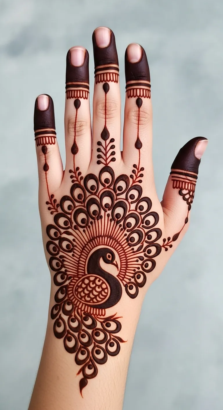 Beautiful peacock back hand mehndi design