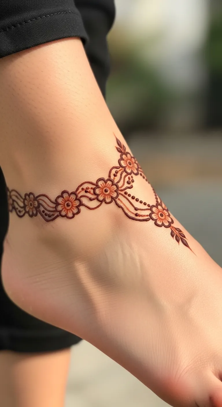 Anklet feet mehndi design with flower chain