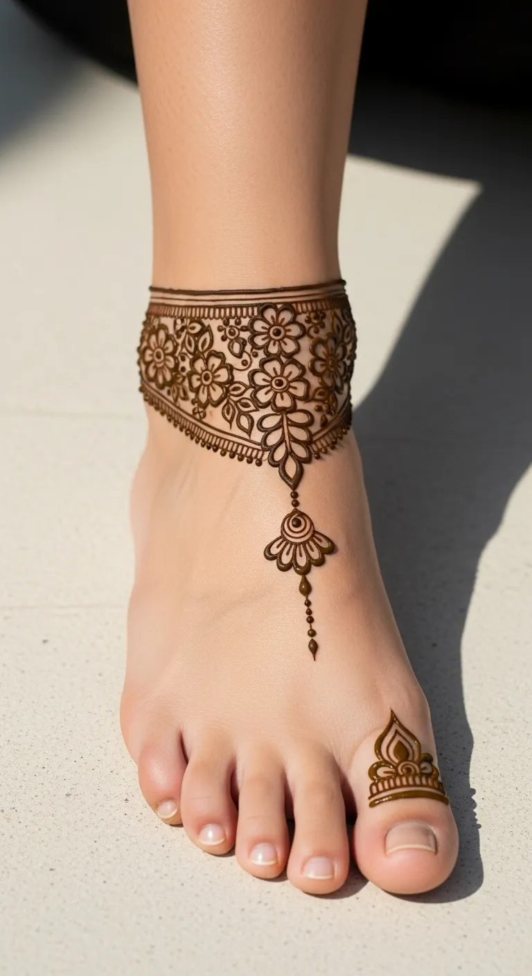 Floral anklet foot mehndi with pendant to toe