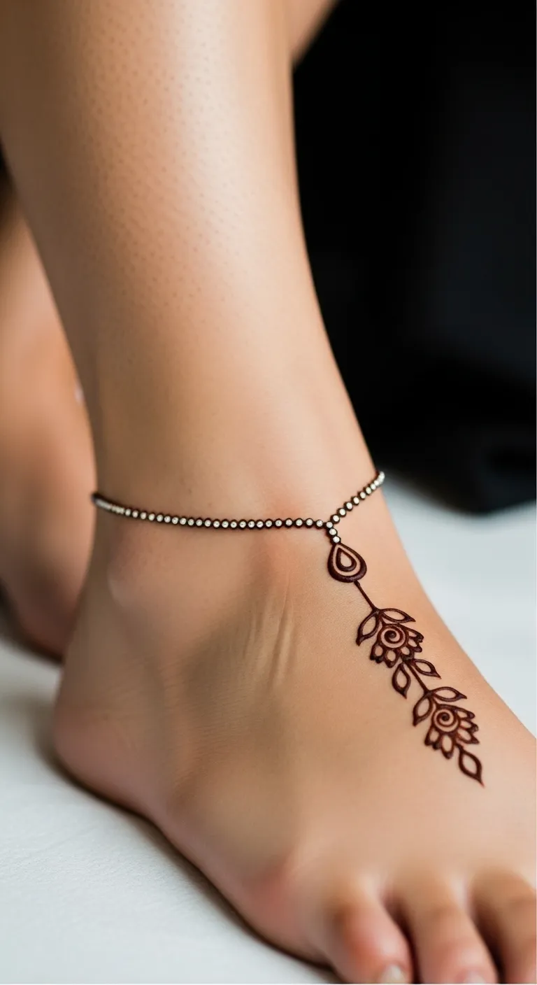Anklet style leg mehndi with beaded charm