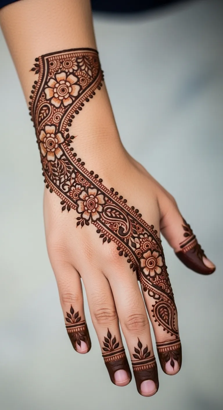 Arabic diagonal floral back hand henna design