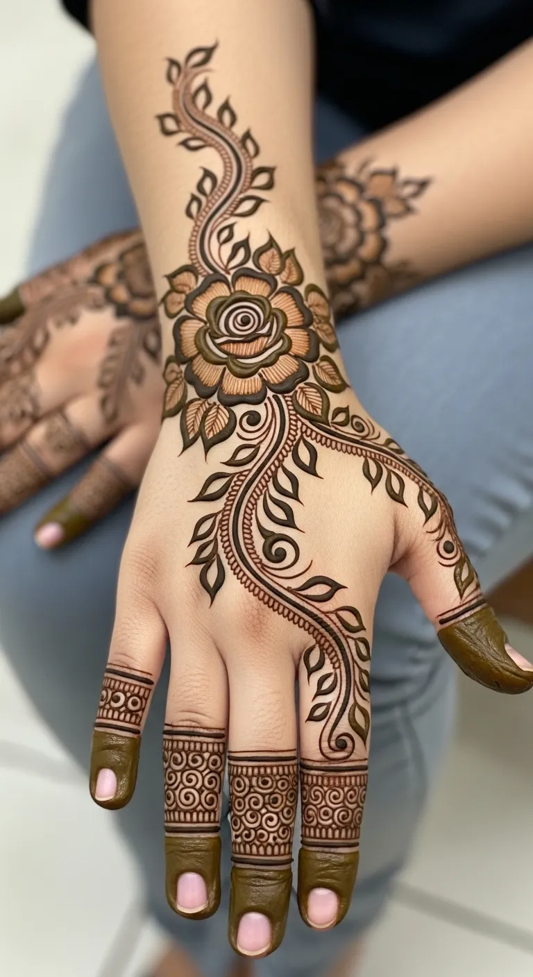 Arabic back hand mehndi design with rose and vine