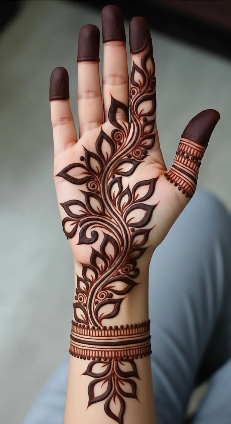 Bold Arabic bail mehndi design with thick leaves