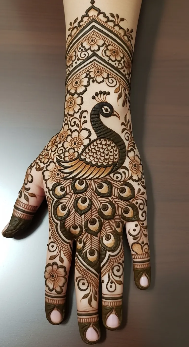 Bold Arabic peacock mehndi with shaded feather tips