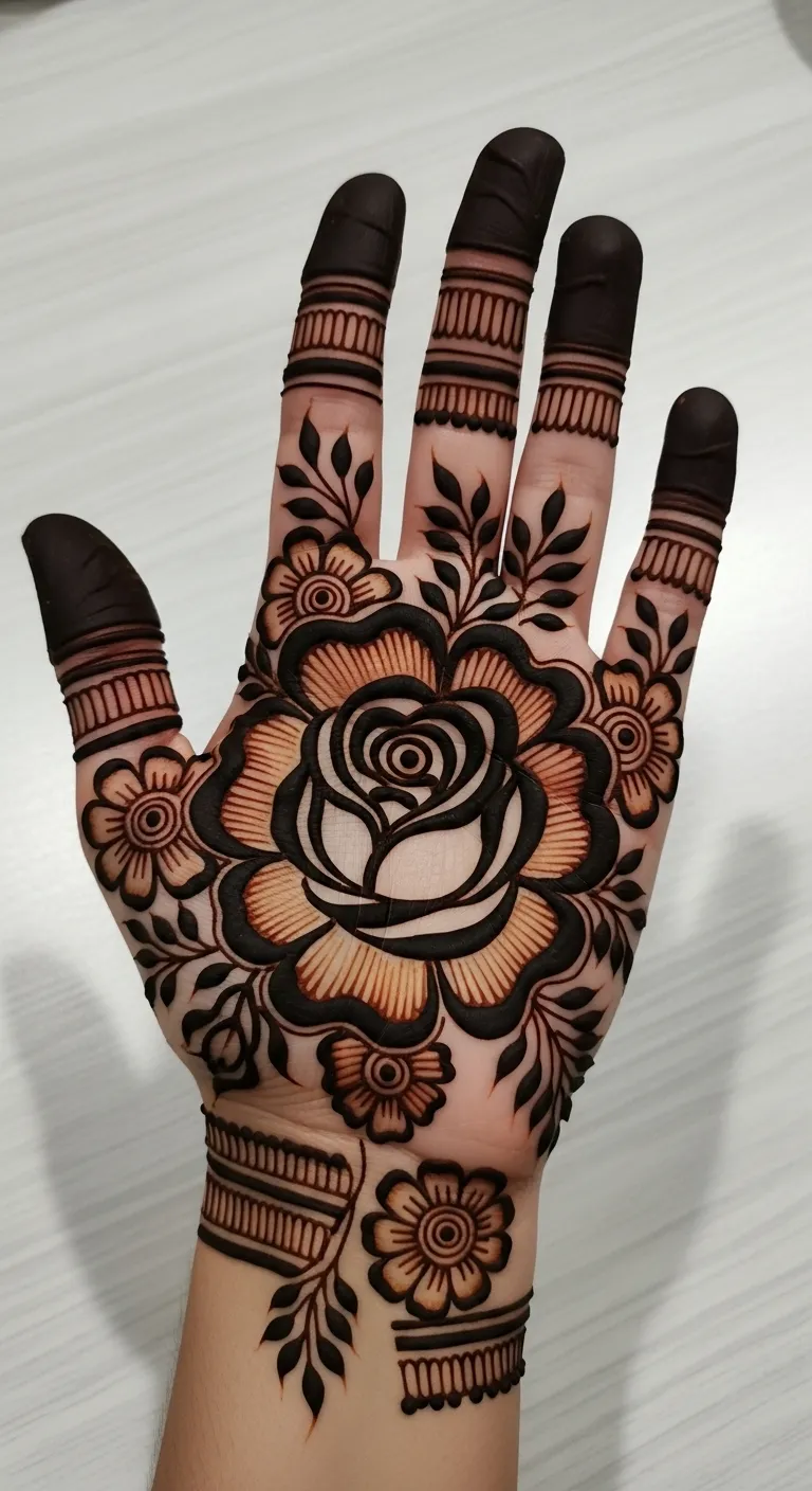 Arabic rose mehndi design with bold thick outlines