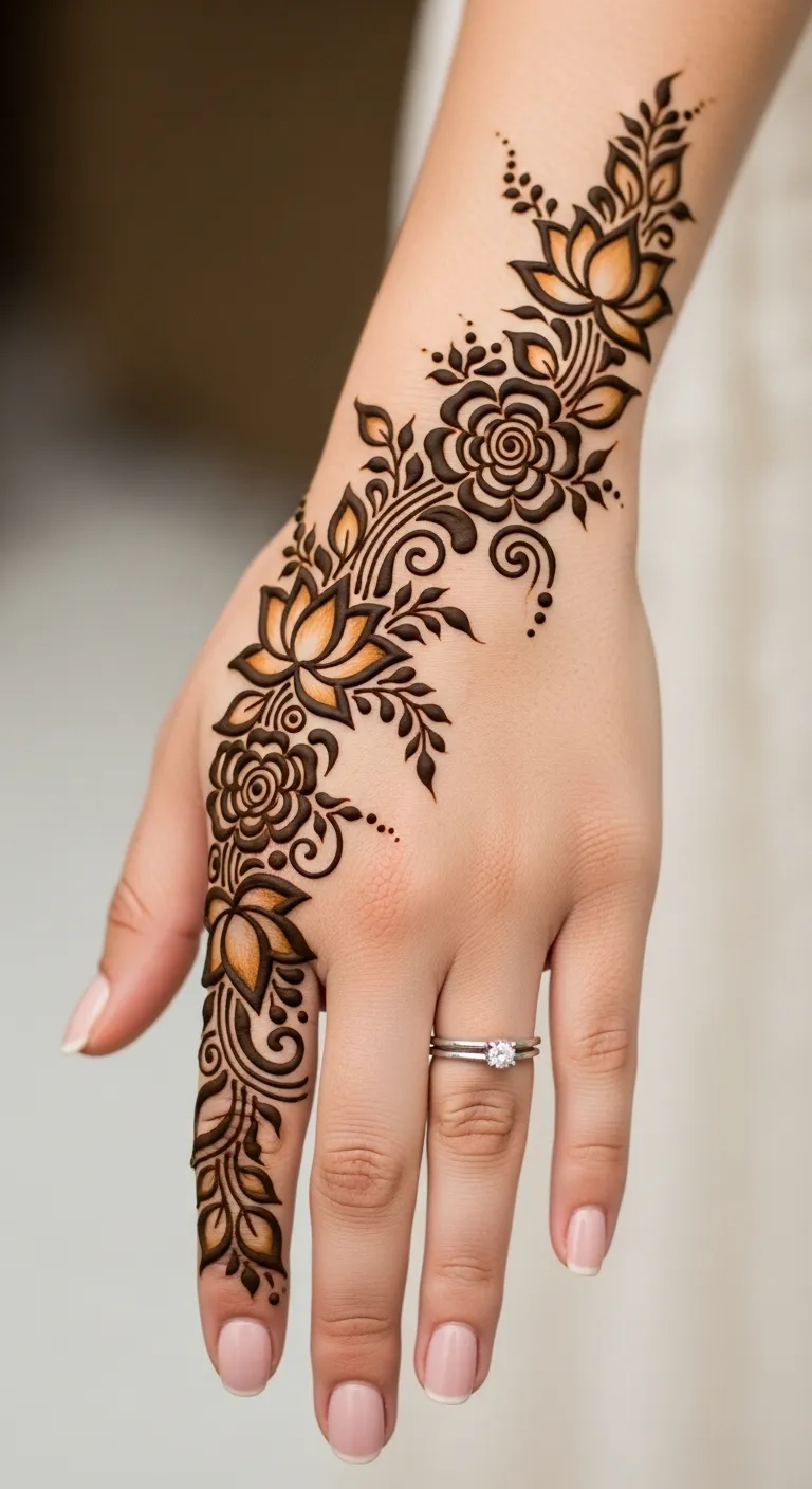 Arabic bridal mehndi with diagonal floral trail