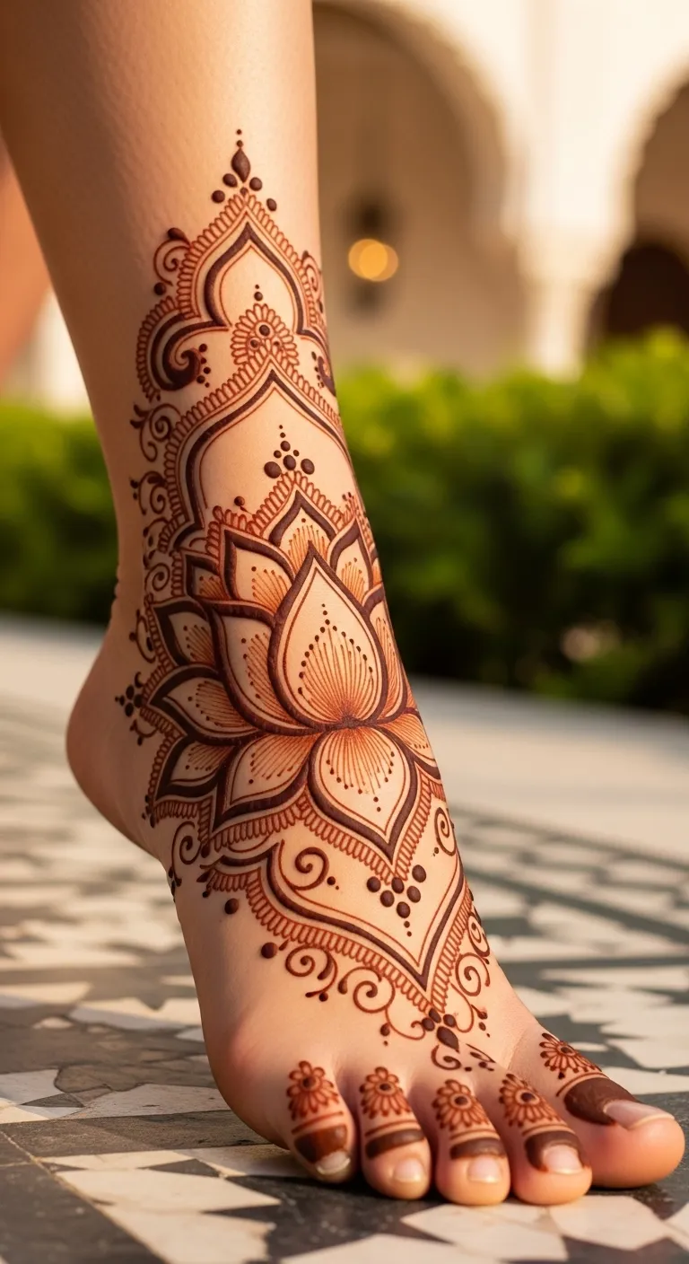 Arabic bridal lotus leg mehndi design