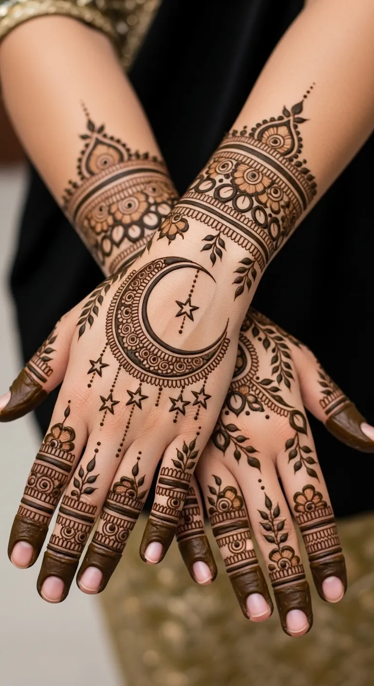Arabic crescent moon with stars Karwa Chauth mehndi