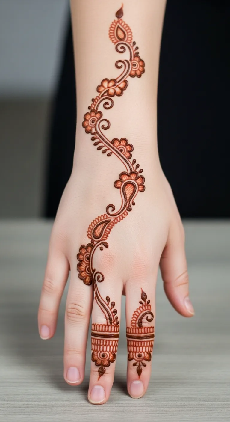 Diagonal bail Arabic mehndi on back hand