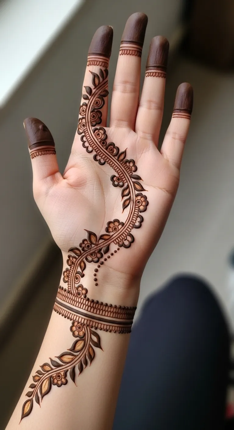 Arabic double vine mehndi meeting at wrist