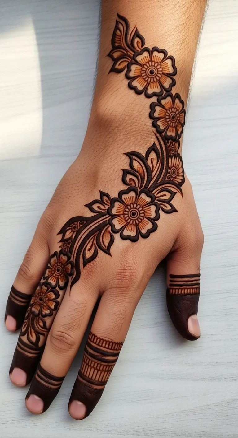 Arabic style dulha mehndi with diagonal floral trail