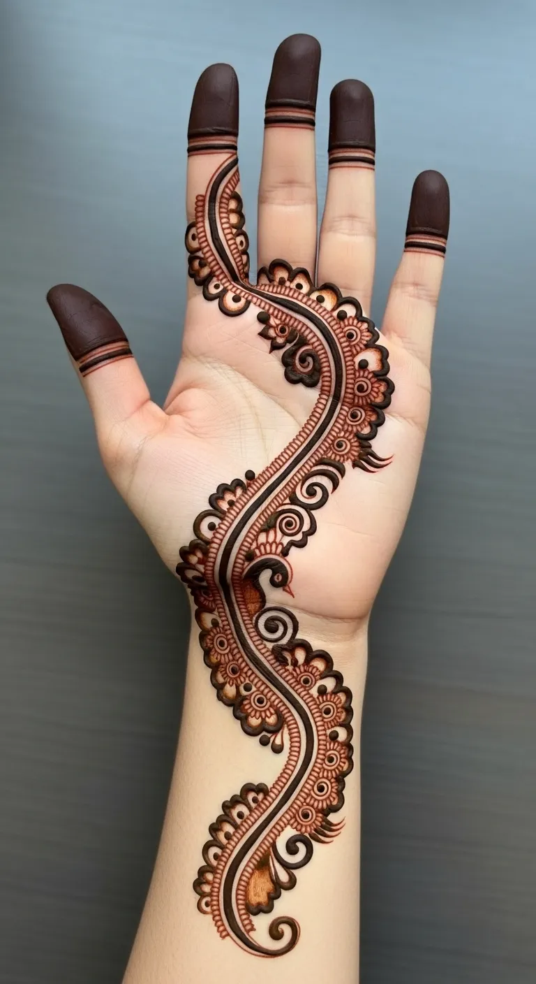 Arabic engagement mehndi design with bold single trail
