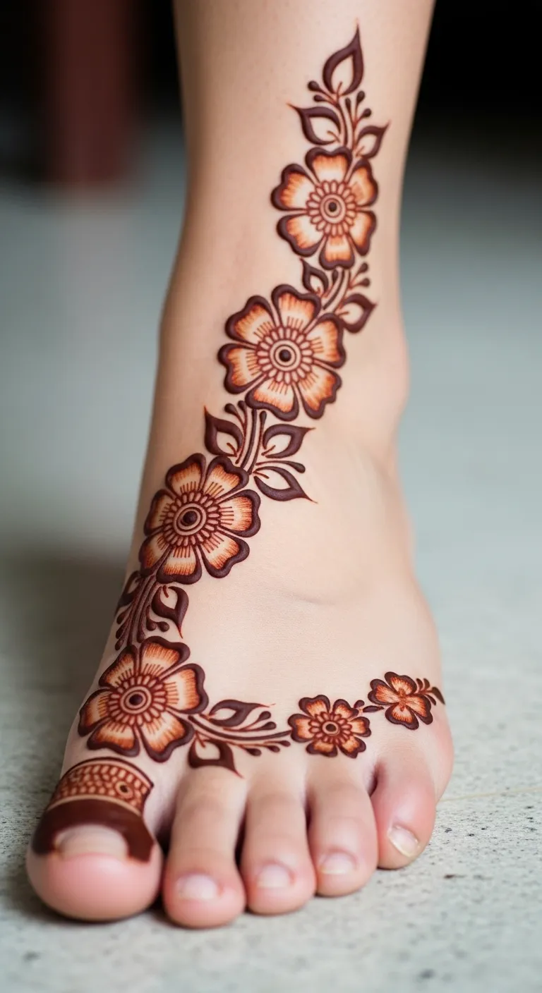 Arabic feet mehndi design with floral trail