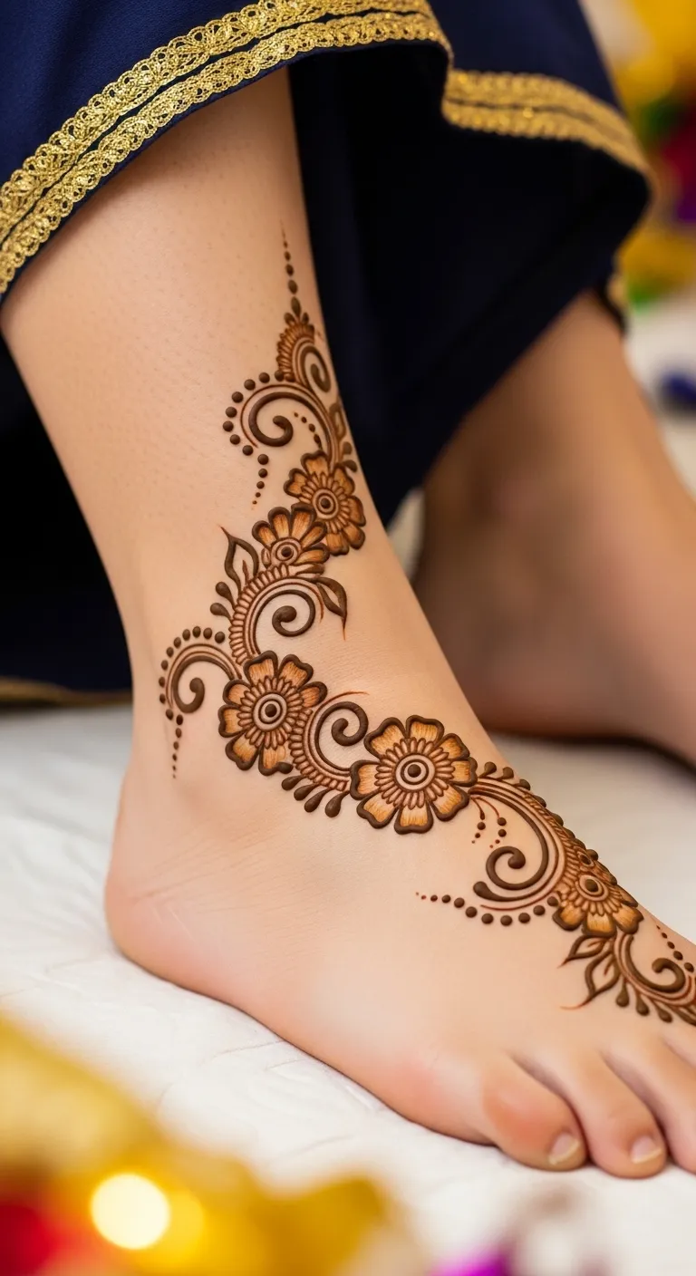 Arabic festive floral leg mehndi with dots