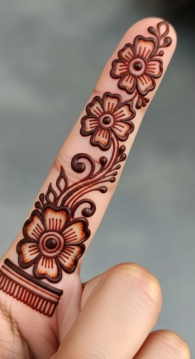 Arabic finger mehndi with thick floral stroke