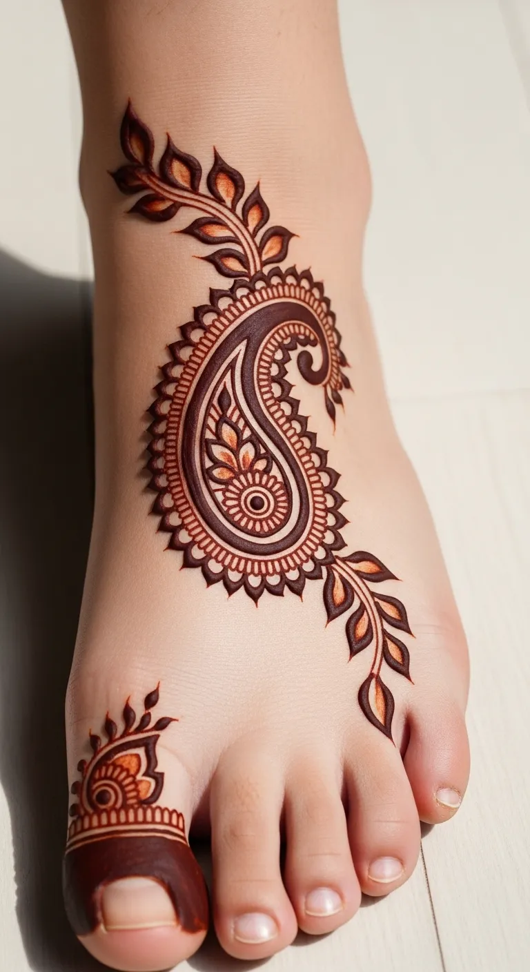 Arabic foot mehndi with bold paisley design