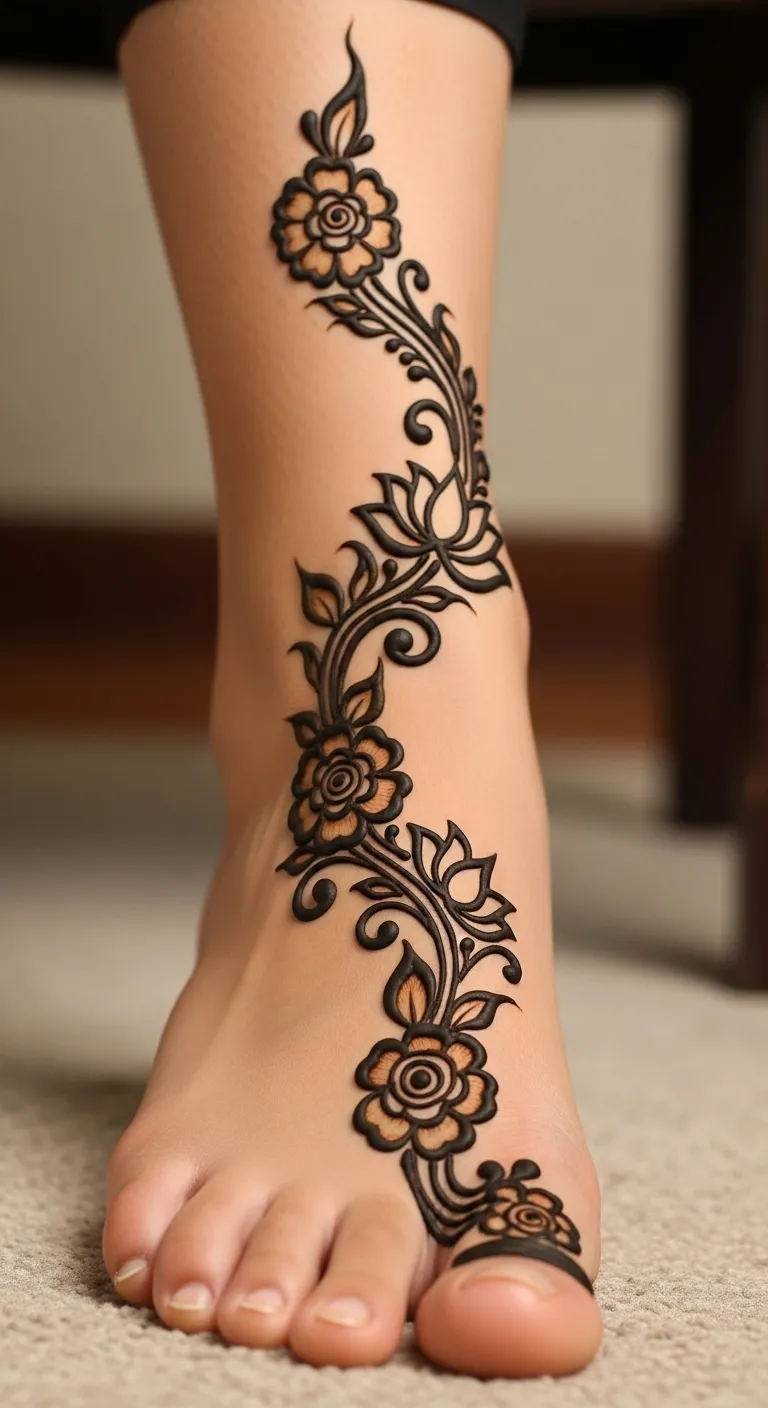 Arabic foot mehndi design with floral trail