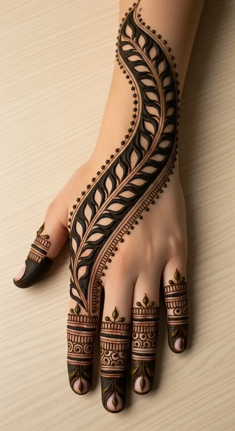 Arabic full hand mehndi with diagonal leaf trail
