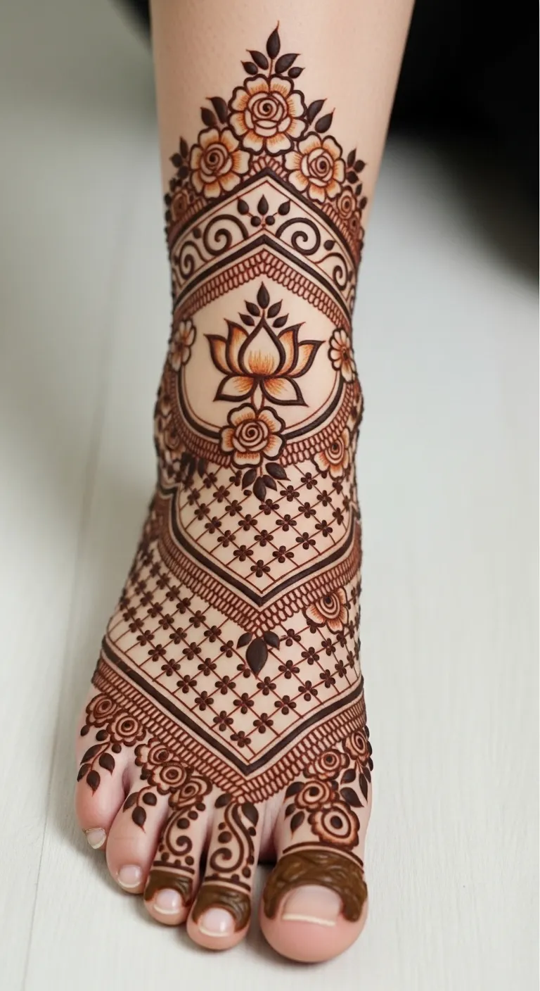 Arabic full leg mehndi with jaal and floral