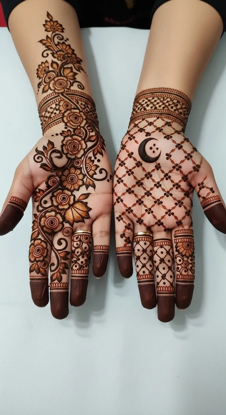 Arabic Karwa Chauth mehndi with floral trail and moon