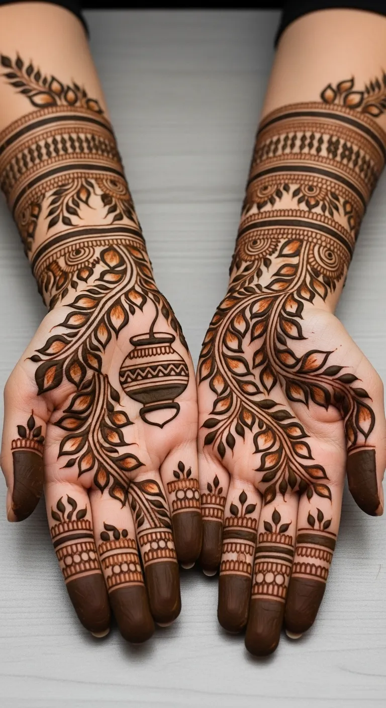 Arabic Karwa Chauth vine mehndi with karwa motif