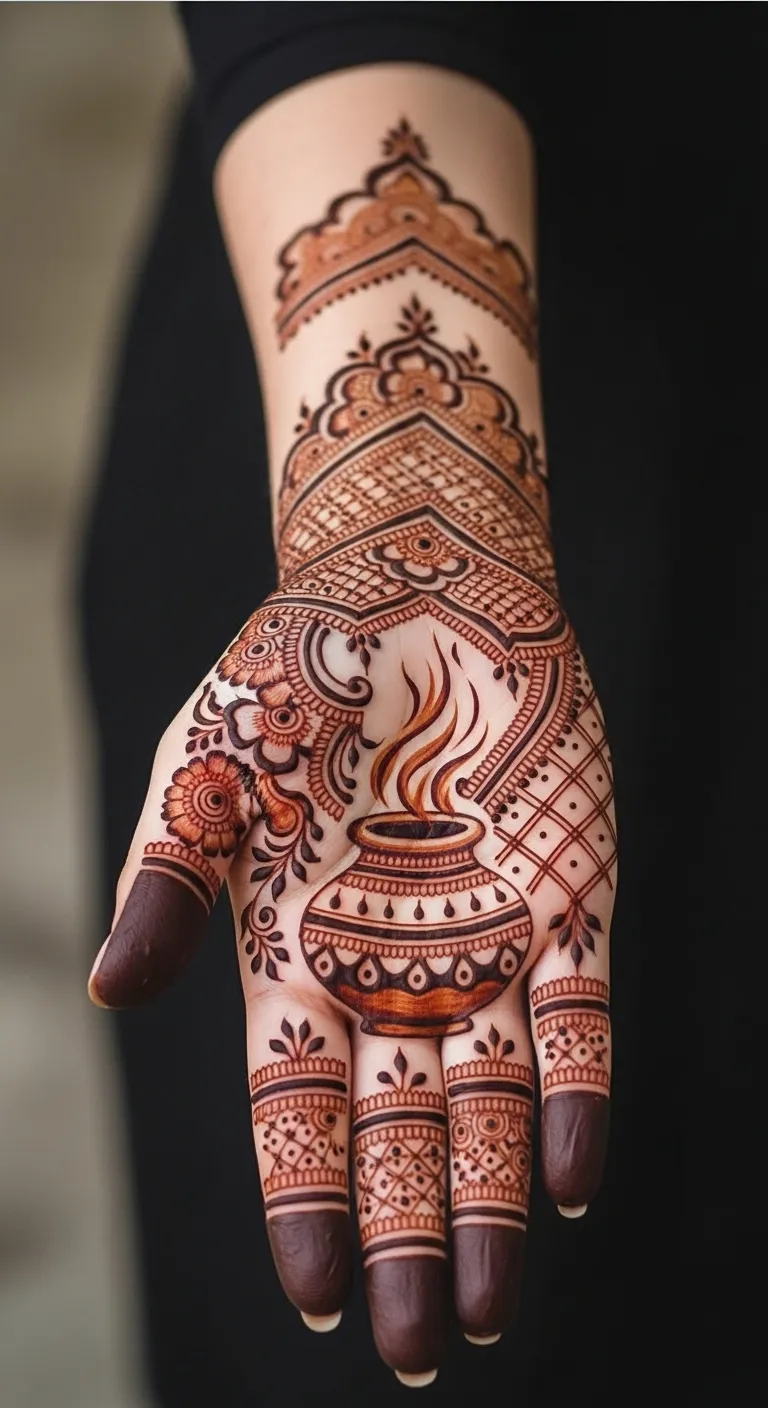 Arabic karwa pot mehndi with rising steam swirls