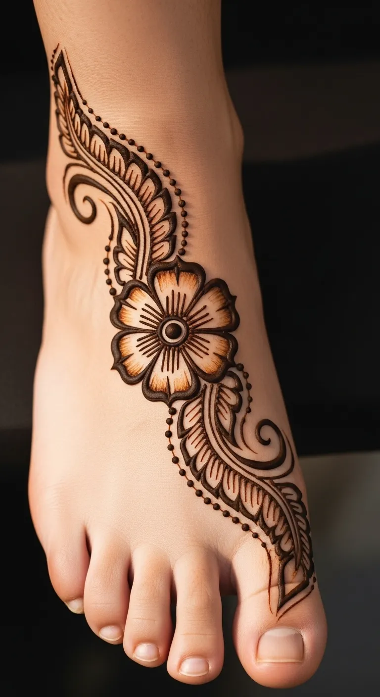 Arabic leg mehndi design with bold central flower
