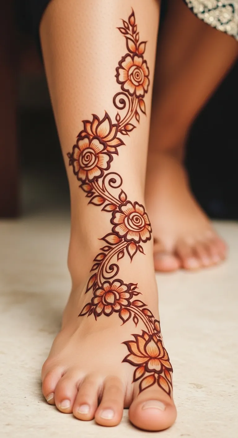 Arabic leg mehndi with bold floral trail on foot