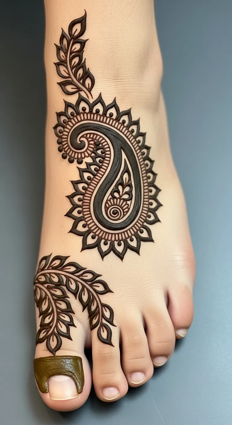 Arabic paisley leg mehndi on top of foot