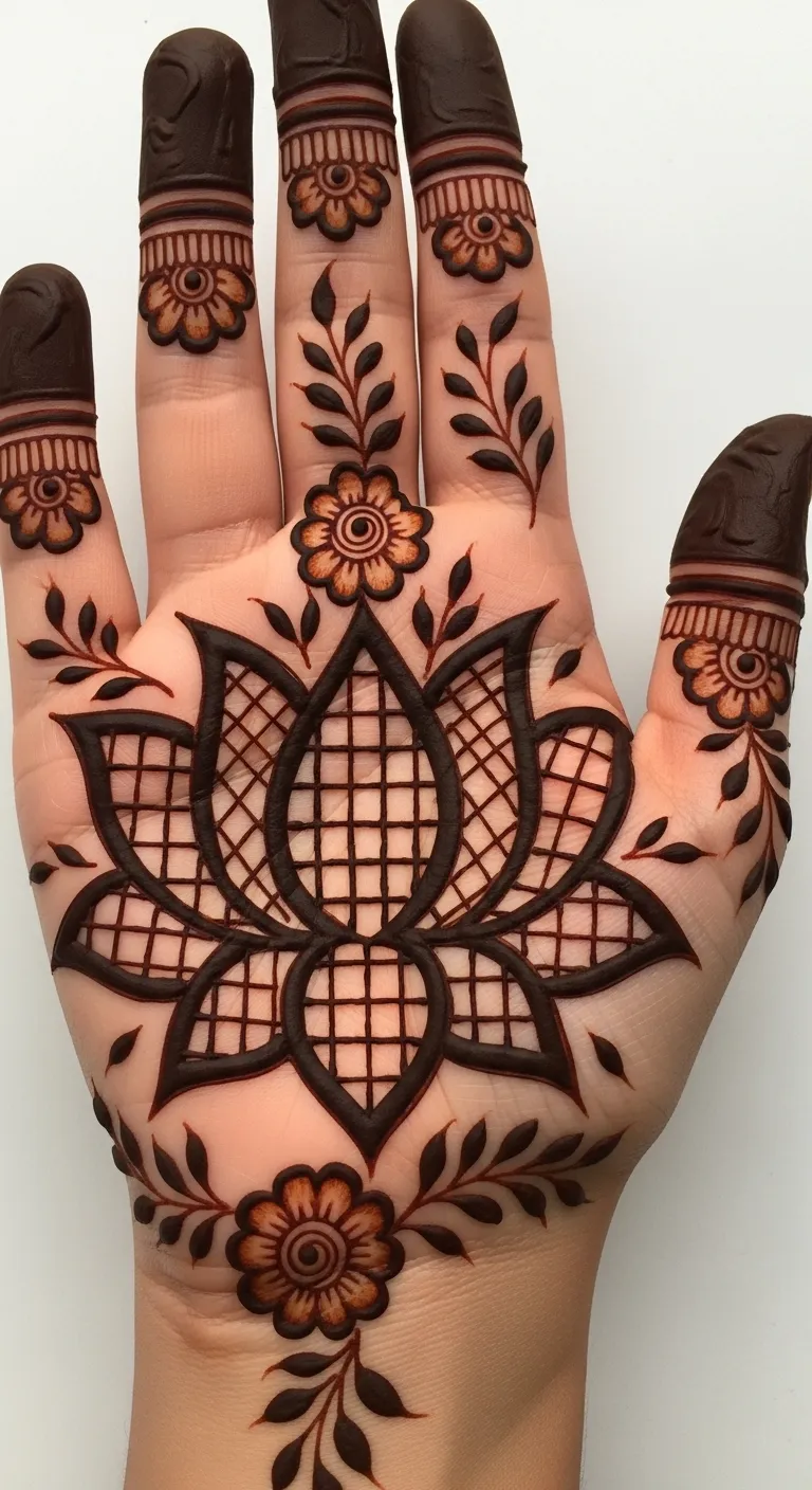 Arabic lotus mehndi with checkered petal design