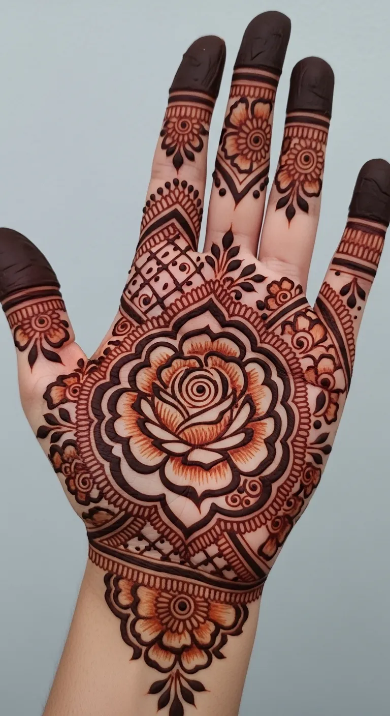 Arabic Pakistani floral mehndi with shaded rose