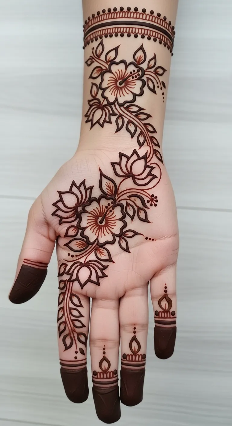 Arabic palm mehndi with bold floral trail