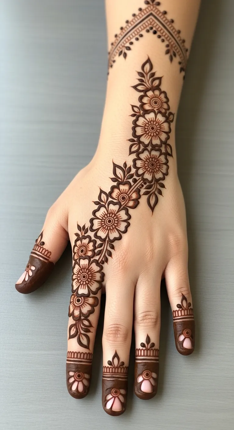 Arabic floral trail mehndi on right hand