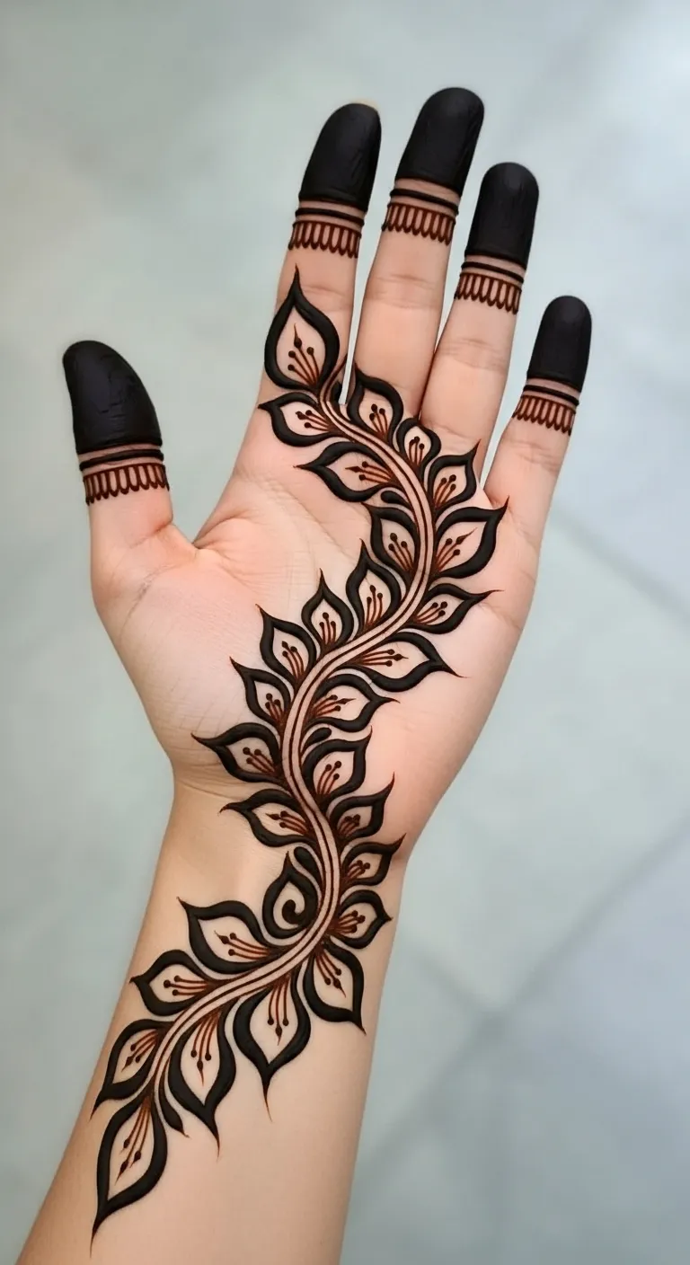 Arabic vine and leaf mehndi for right hand
