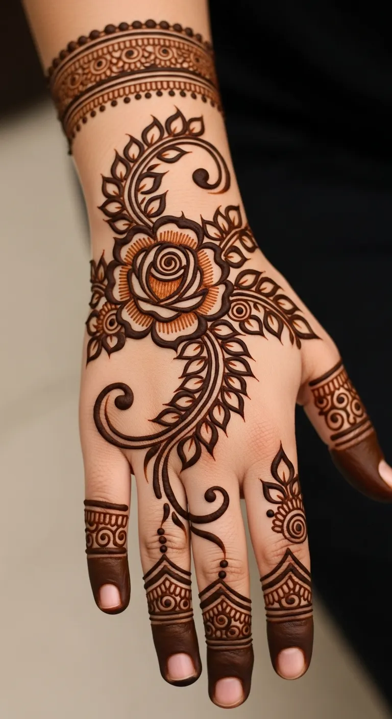 Arabic rose engagement mehndi on back hand