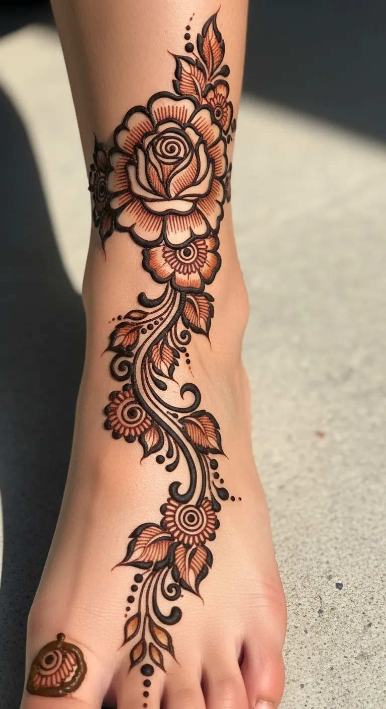 Arabic rose leg mehndi design with layered petals