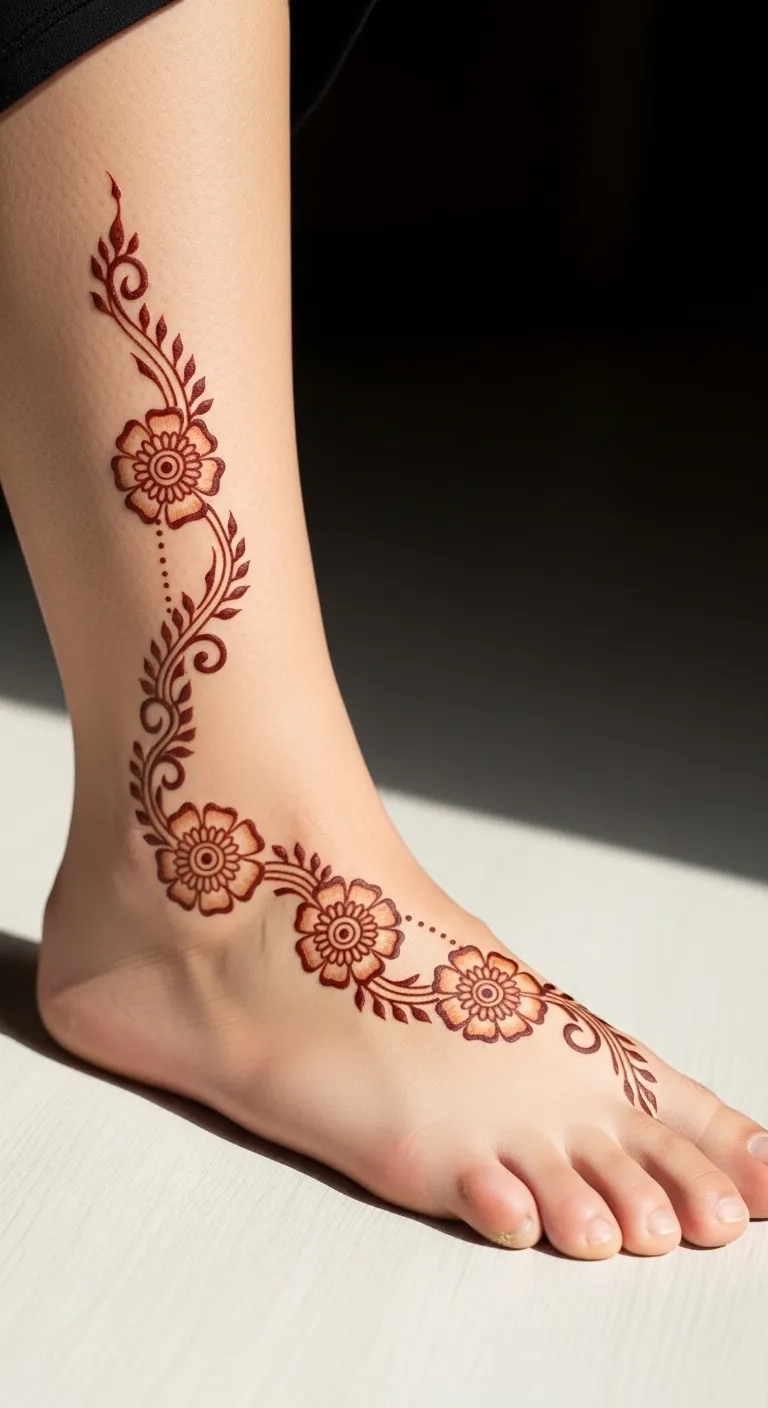 Arabic side trail mehndi from ankle to toe