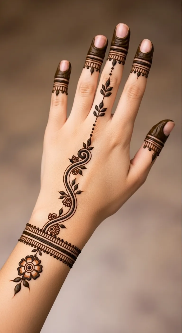 Arabic bail mehndi from wrist to middle finger