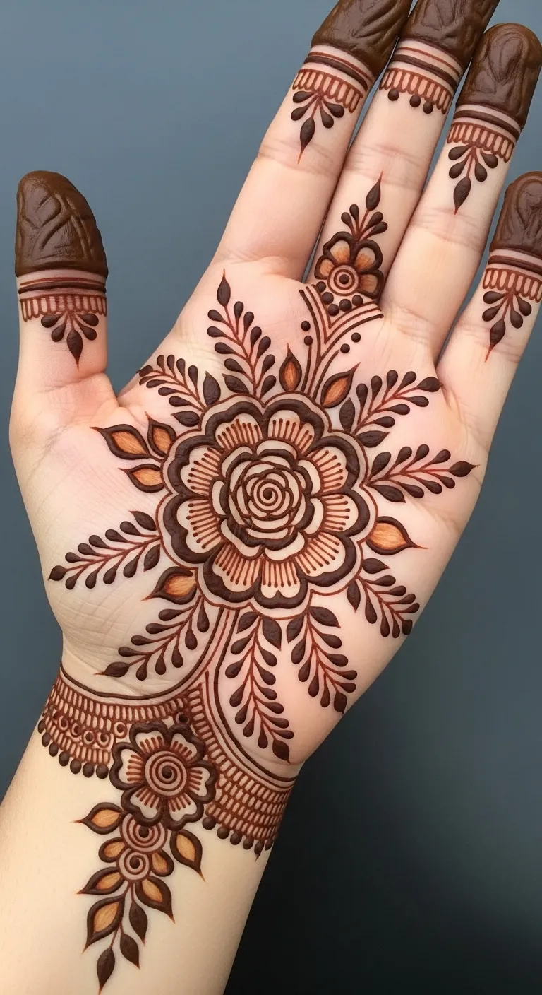 Arabic rose centerpiece back hand mehndi