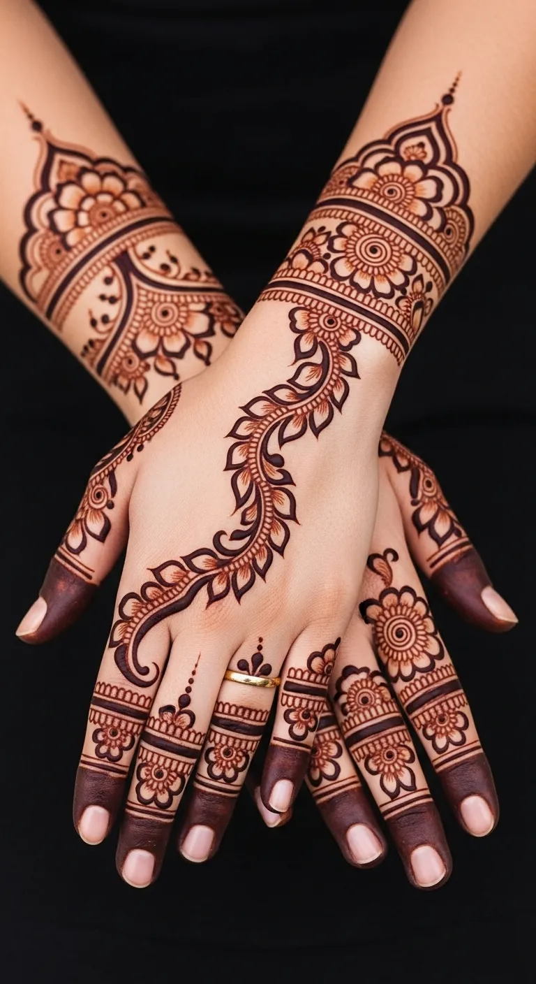 Back hand Arabic trailing vine Karwa Chauth mehndi