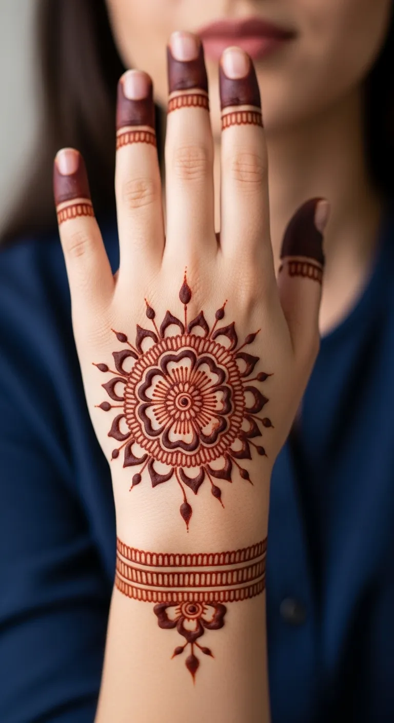 200+ Stunning Flower Mehndi Designs You Will Love (2026) 9 Central flower mehndi design on back hand