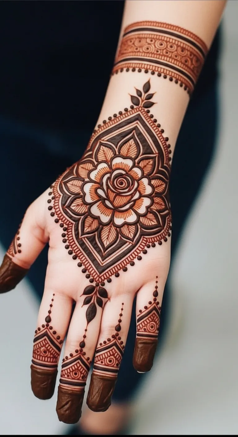Rose mehndi design on back hand with finger extensions
