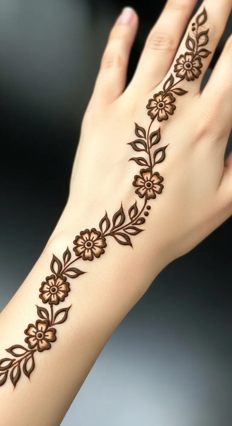 200+ Stunning Flower Mehndi Designs You Will Love (2026) 10 Flower vine trail mehndi on back hand