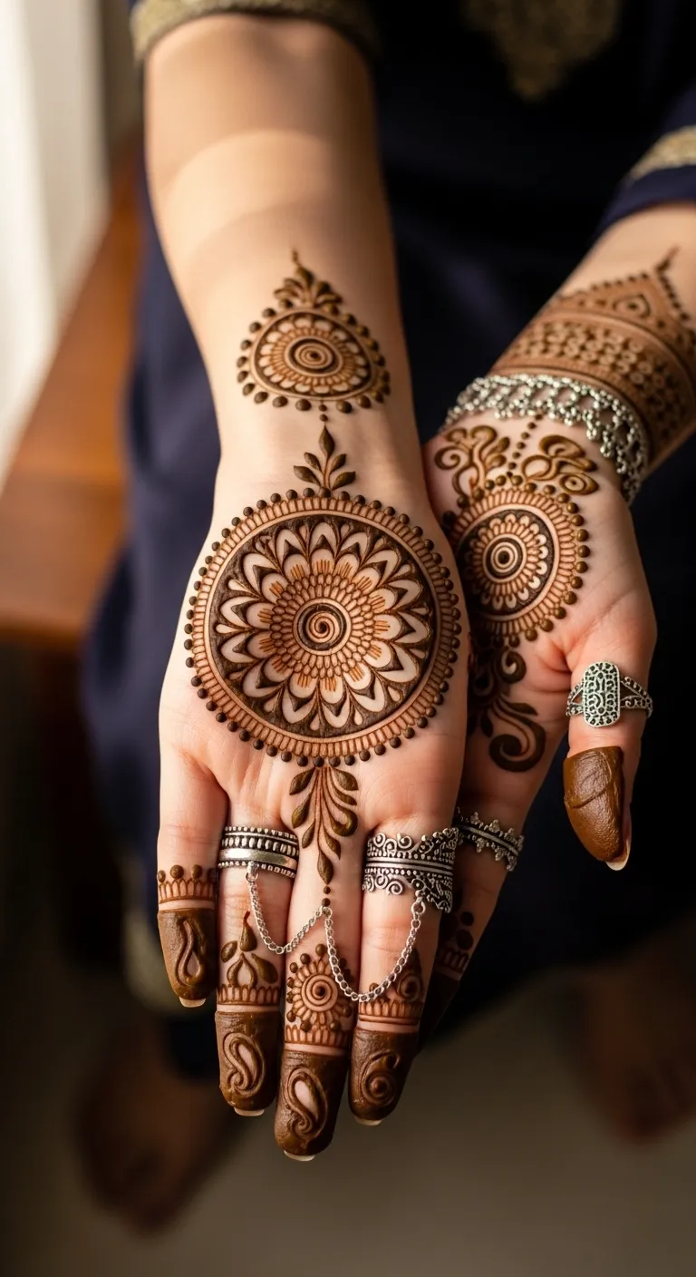 Arabic circle mehndi with finger jewelry