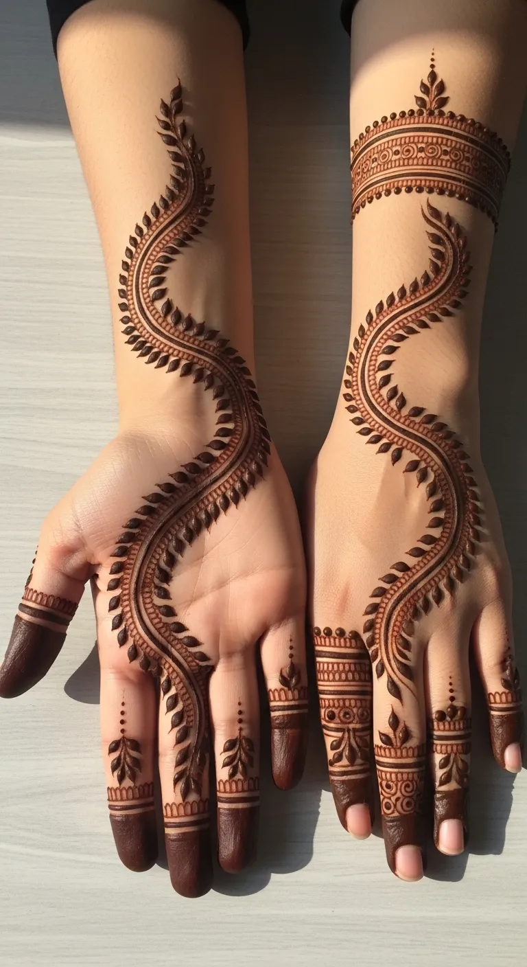 Back hand Karwa Chauth bail mehndi with leaf filling