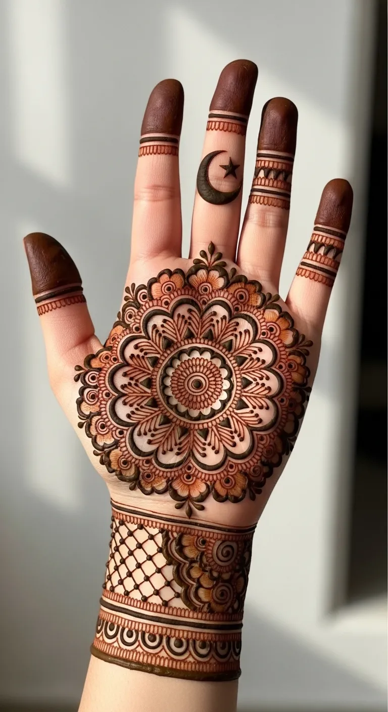 Back hand Karwa Chauth mehndi with mandala and moon