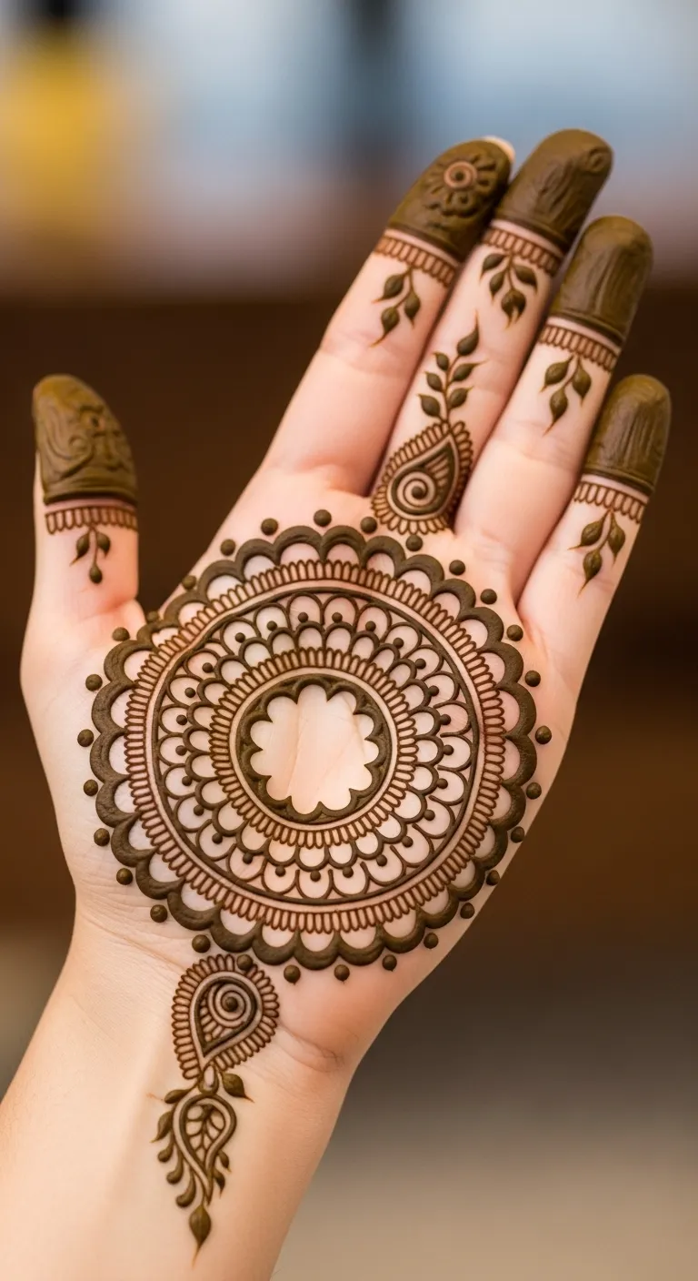 Back hand Arabic circle mehndi with lace edge
