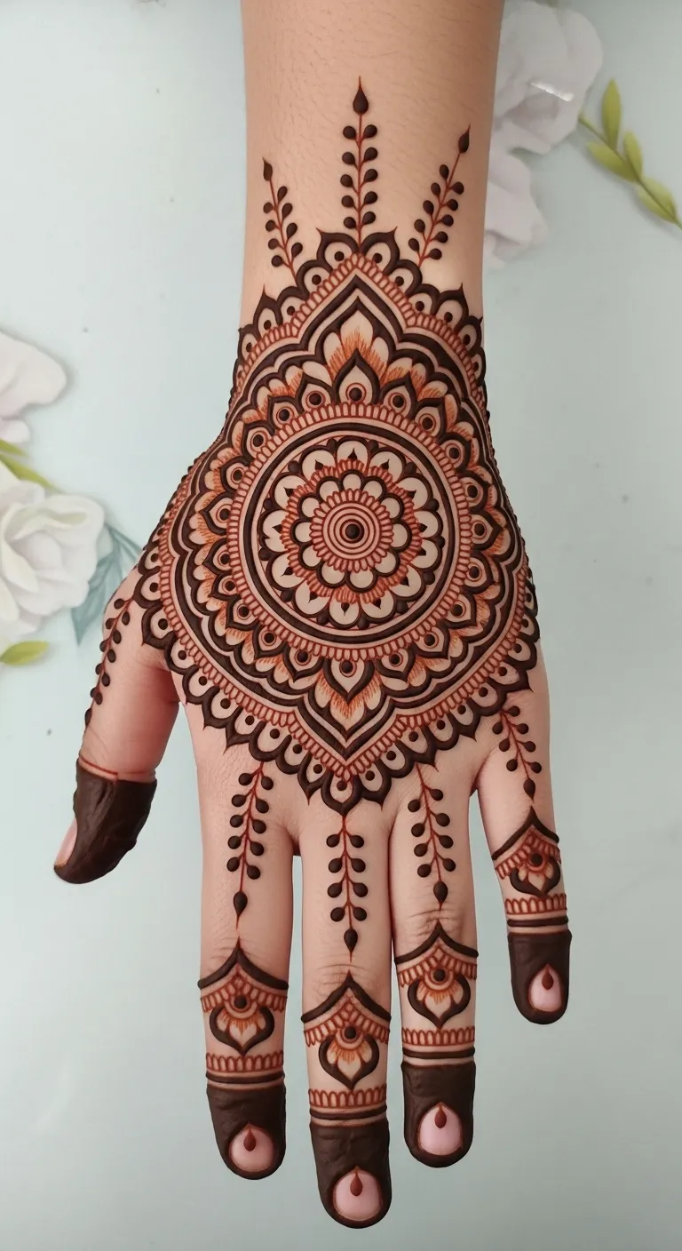 Back hand mandala engagement mehndi design with petal chains