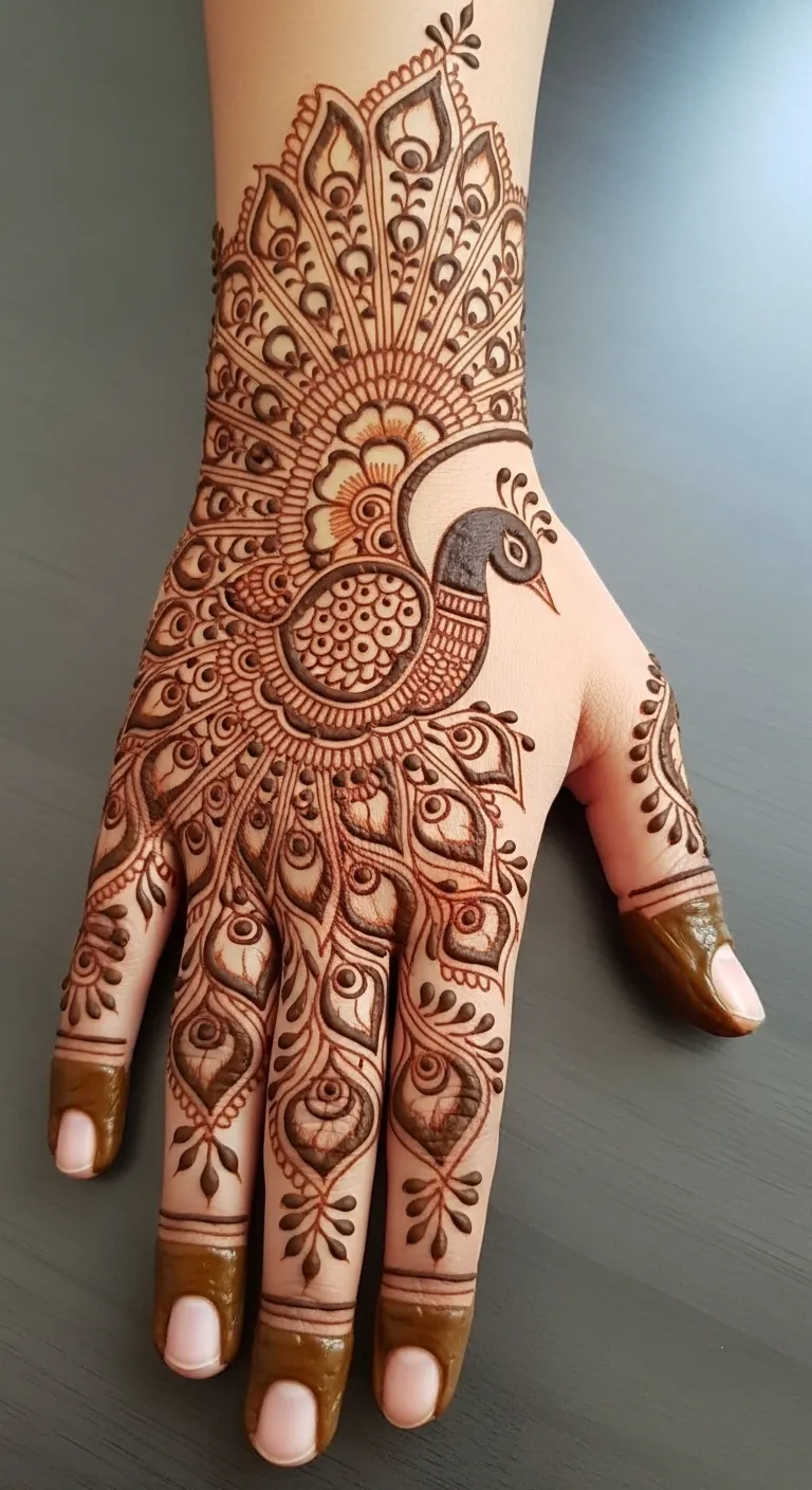 Back hand peacock mehndi with fan-shaped tail