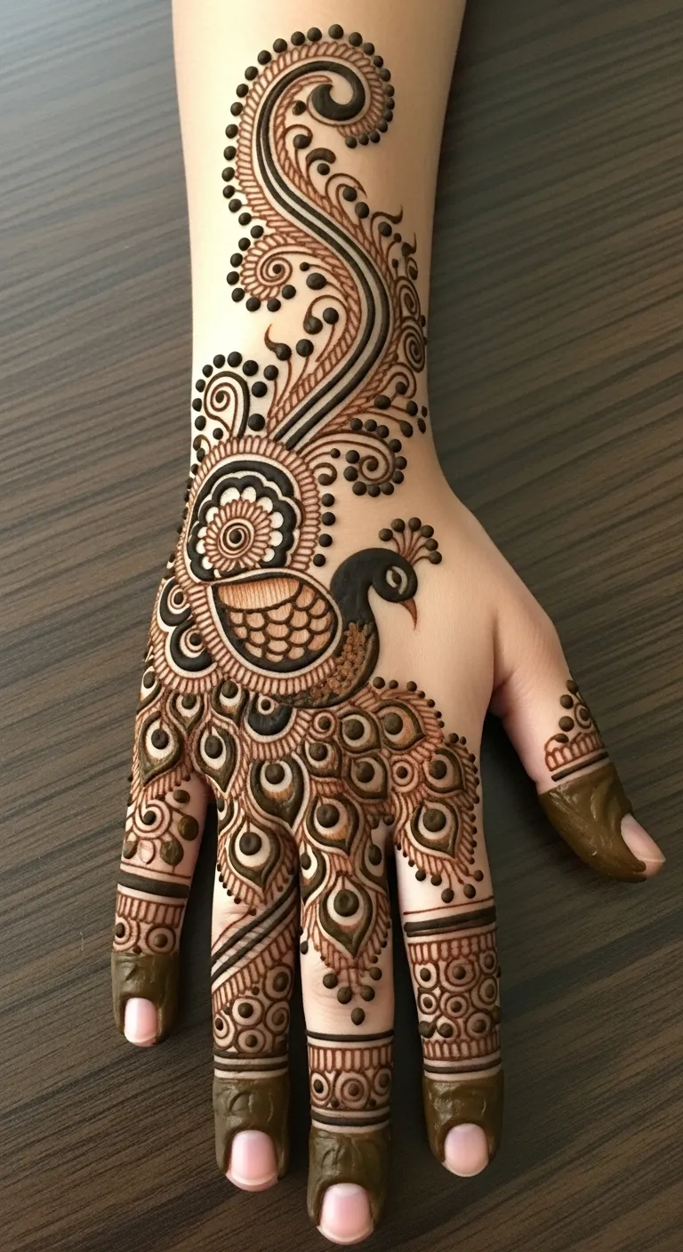 Back hand peacock mehndi flowing from wrist to knuckles